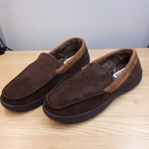 HAGGAR Slippers Mens Size 11 12 Brown Slip On Plush Lined Memory Foam